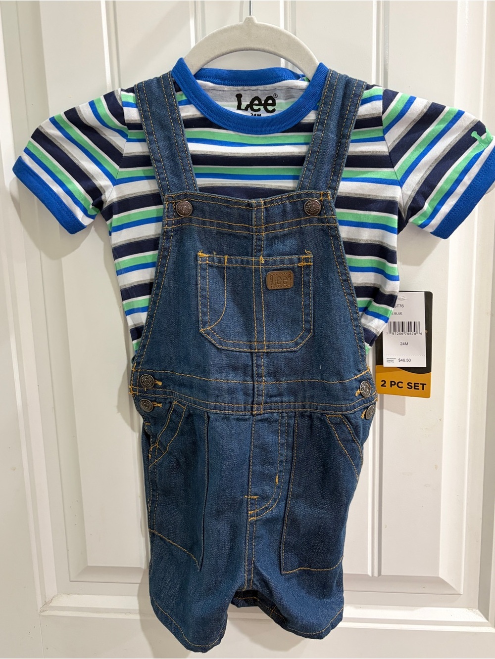 Lee Denim Short Overalls with Blue & Green Striped Tee 24mos. NWT